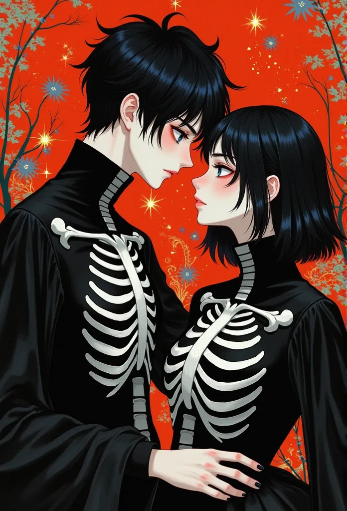 an anime couple with a skeleton on their chest, in the style of naturalistic, atmospheric animal paintings, redshift, warm color...