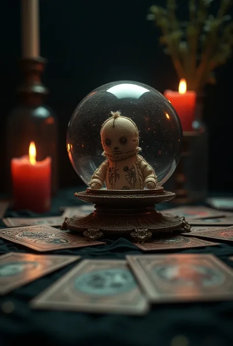 Voodoo doll,  tarot cards and a big crystal ball  