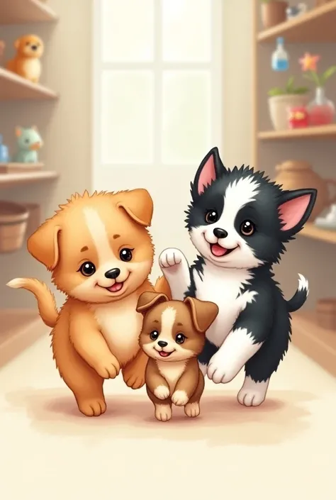 A drawing of three puppies that I could use as mascots for my pet store, two male puppies and one female, that are puppies, that is, small puppies 