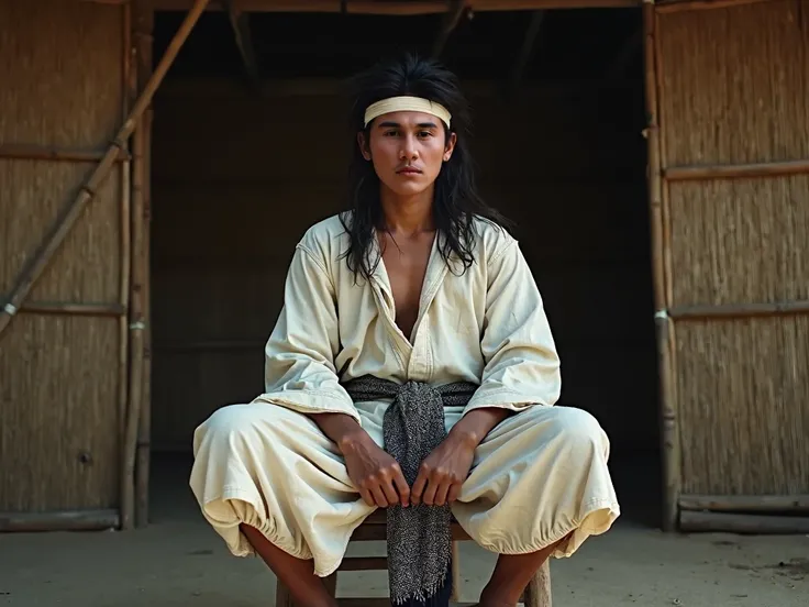 low angle view of a 19-year-old dashing indonesian man, smooth clean face, broad chested, with long, wild black hair, a white cloth headband around his forehead,  loose-fitting long sleeves tunic and pants made of dirty and shabby white fabric, covered arm...