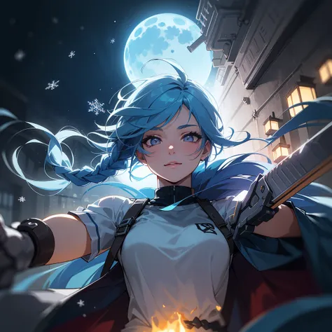  upper body, A seductive gaze, , Outdoor,  Snowflakes and Moonlight Scenery ,  viewers from below,  ( Perfect Detailed Eyes :1.2),  glowing eyes, ( Long Hair 1 Braid :1.2),  Elemental Skill Effects , (masterpiece, 最 high quality,  high quality:1.4),  Profe...