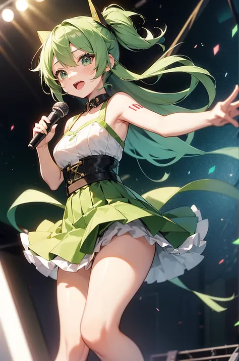 Vocaloid, k pop star, adorable beautiful woman, long vocaloid ears, pleated skirt, pop star dancing, on stage, green hair,