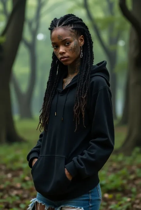 A beautiful African girl with dreaded hair putting on a black hoodie pullover. She is standing in a deserted enchanted forest. She has tattoos and piercings. She is also putting on a destroyed jean skirt.