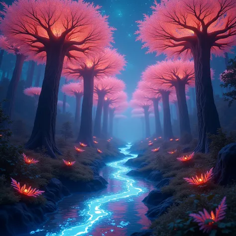 A mystical forest with trees resembling giant ferns, their leaves glowing in neon pink and orange hues. Streams of glowing water flow upwards, creating floating droplets that hover in the air and reflect the starlit sky