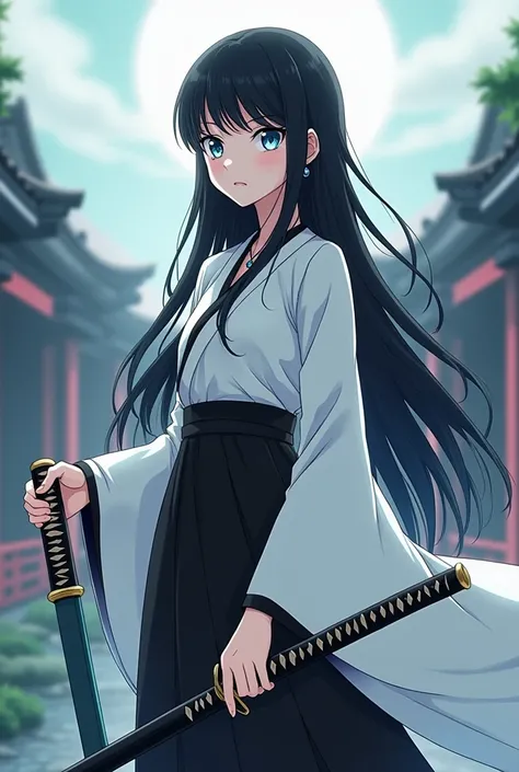 A bleach screencap of a female with long black hair and cute bangs, and blue pastel eyes, her skin tone is a little white and her figure is a little slim and small, shes wearing the soul reaper uniform from bleach, holding a katana, shes at the soul societ...