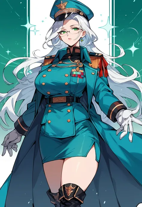 masterpiece, 最 high quality,  beautiful girls, white hair with blue inner color, emerald green eyes, Dark blue military uniform, Mature_woman, eye_Glasses,  white gloves, Anime, dark blue military hat , very_length_hair,  perfect body,  red ribbon, command...