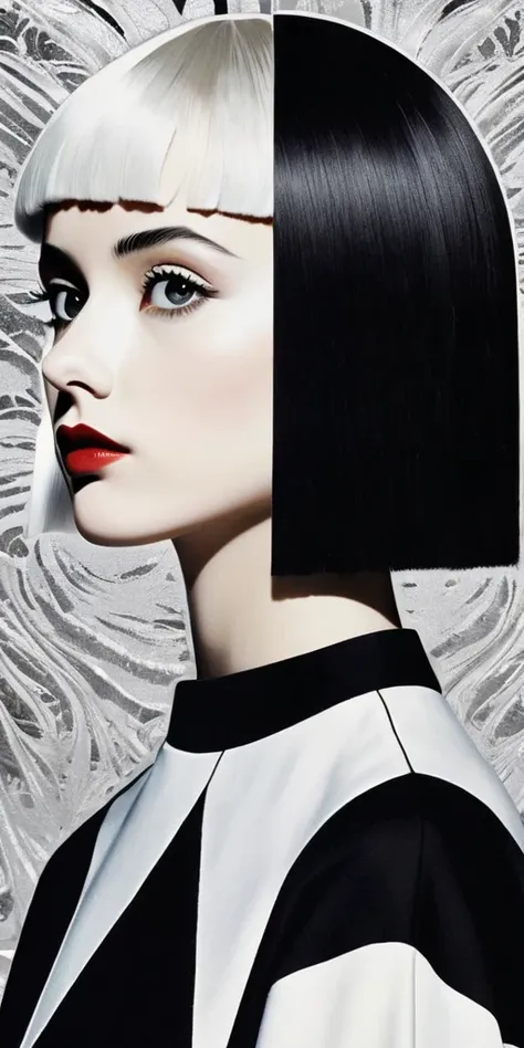 a highly detailed, minimalist, multi-layered collage in the style of dadaist artist Man Ray, featuring an irregularly cropped photograph of a girl with long black hair wearing black clothes, symmetrically mirrored with a girl with short white hair wearing ...