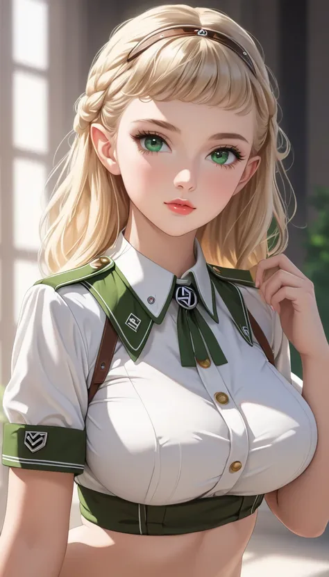 sfw, masterpiece, Best Quality, High resolution, detail hands, detail fingers, detail face, detail leg, perfect lighting, Glossy skin, (1girl, solo, detail girl, 20years old girl), cute girl, (A nazi German, SS uniform), (elf), (blond hair, green eyes, hug...