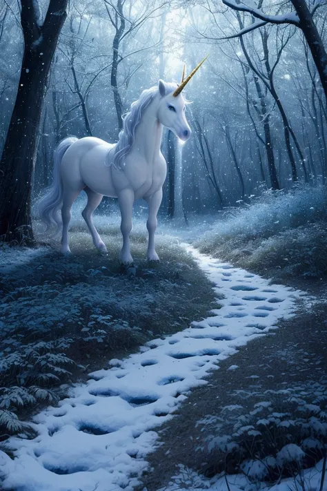  The silence of the magic forest ,  Among the flickering fireflies and dewy flowers , , a unicorn with a snow-white coat and a golden horn appeared, Shining, Like moonlight.  His mane shone with iridescent colors , and the hooves ,  barely touched the grou...