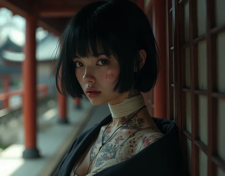 a japanese girl, black bob haircut, sad face, japanese gangster tattoos, opened black kimono, her body wraped by bandage, close up, bleeding, bruised face, wounded, japanese temple background, irezumi, yakuza tattoo, SFW