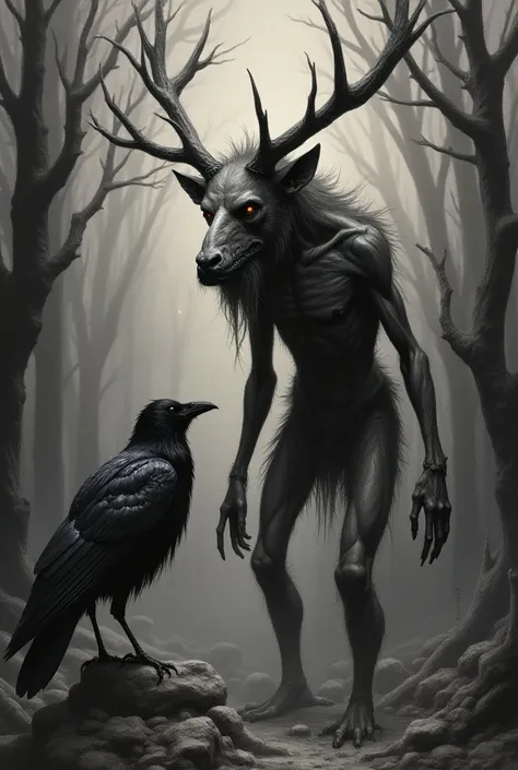 Wendigo and a raven ,  in drawing art 