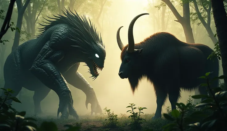 "Create a realistic and dramatic scene where a black Venom and a mighty yak are facing each other in the depths of the Amazon rainforest. The black Venom should have the signature glossy, black symbiote form with white veins running through it, sharp claws...