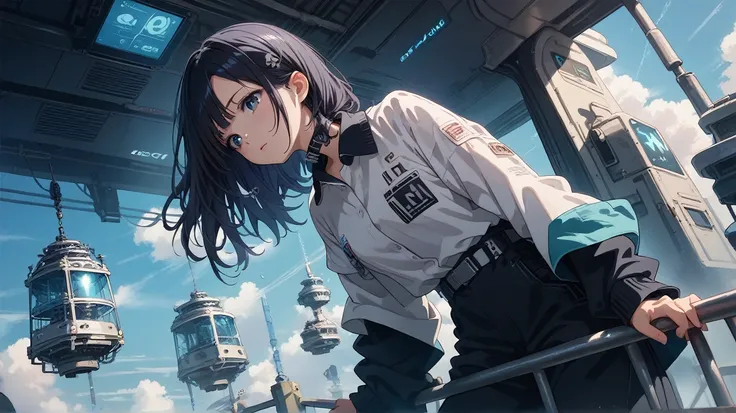 An anime girl with straight, glossy black hair framing her face and a stylish posture, dressed in a sleek white button-up shirt with black detailing on the buttons and collar. She leans against a railing, gazing thoughtfully at a futuristic space city belo...