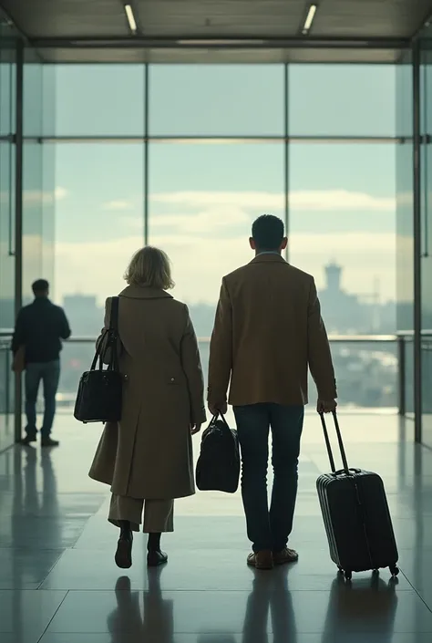  there are two people walking with luggage in front of a building, Back to us , arrival ( film ),  promotional poster for the movie , still from the movie the arrival, airport, Time travel ,  promotional image of the film , movie poster without text, offic...