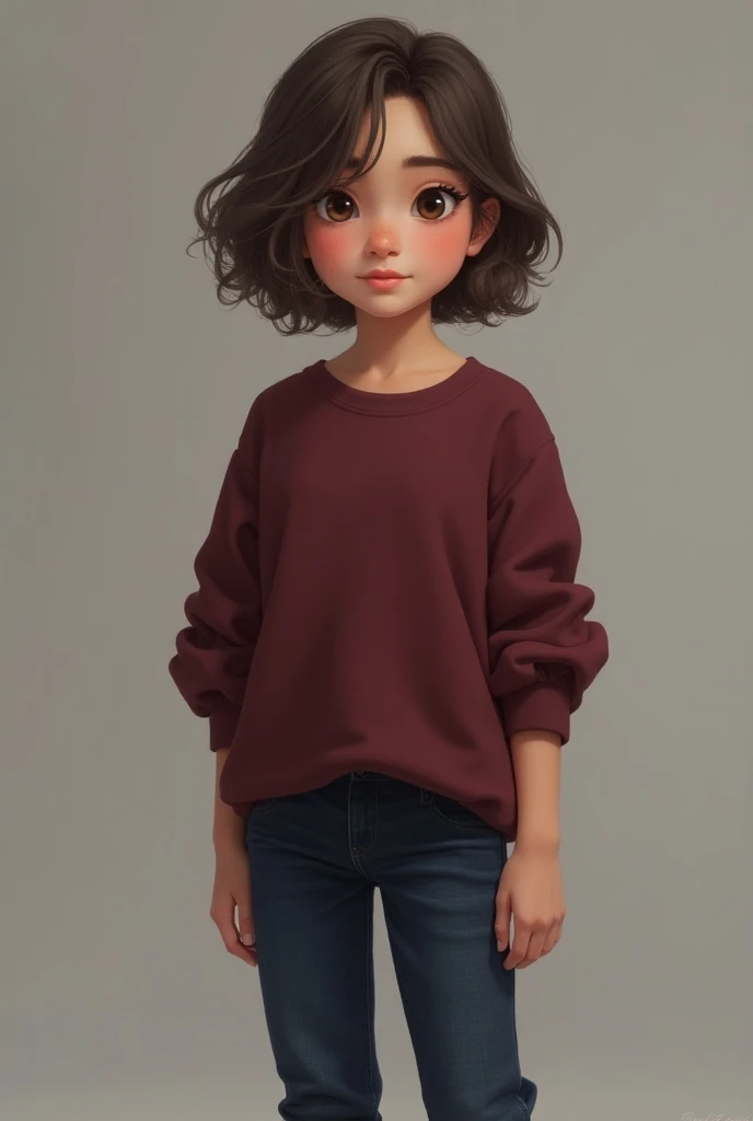 An 18-year-old girl,  of light skin and short wavy brown hair , brown eyes with kind expression,  wears a loose wine-colored sweatshirt and has dark blue denim pants and wears white sneakers, realistic