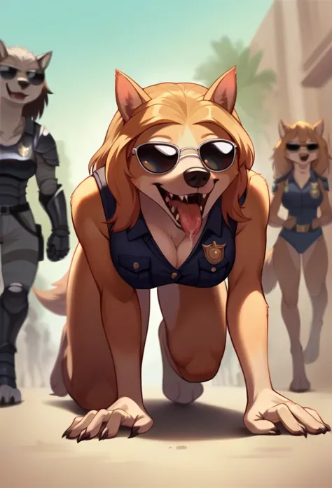 open mouth, accurate, long hair, breasts, wolf ears, tongue, smile, sunglasses, dark armoured police anthro vest, sniffling the ...