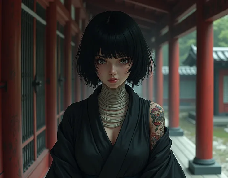 a japanese girl, black bob haircut, sad face, japanese gangster tattoos, opened black kimono, her body wraped by bandage, close up, bleeding, bruised face, wounded, japanese temple background, irezumi, yakuza tattoo, SFW