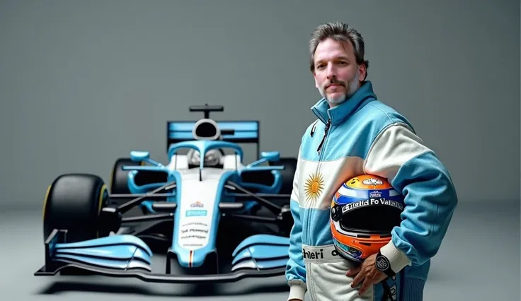 a man, formula 1 racer, 40 years old, with his helmet under his arm and dressed with an argentine poncho, in the background a light blue and white, like the argentine flag, F1 car with the text "Martin Ayerbe".