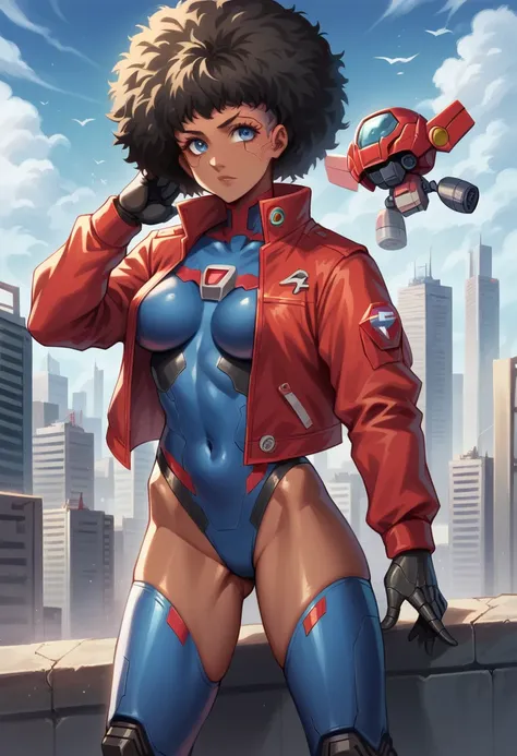 1girl, city,  construction , cyberpunk, skyscraper,  science fiction , cyborg, Alone,  long black hair, shiny punk hair , breasts,  cityscape, crane (machine), toys, realistic, ,  dark-skinned woman, blue eyes, standing, Red jacket, A young girl, afro amer...