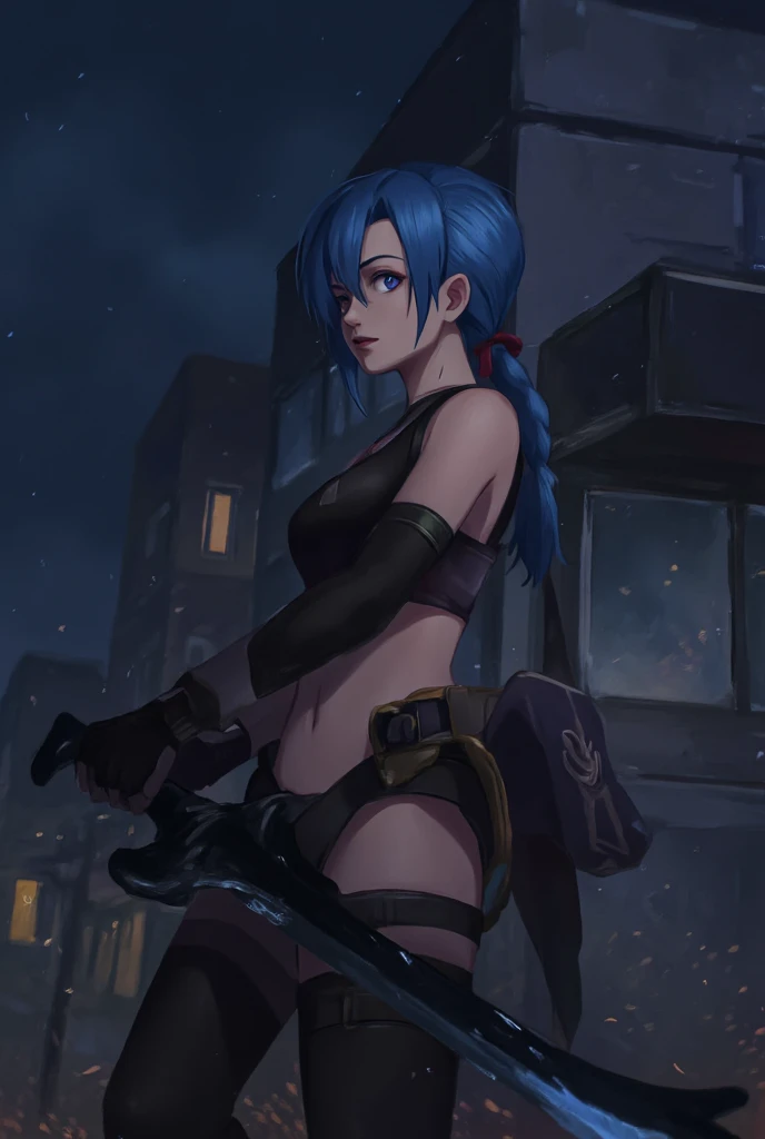 anime realism, Jinx from League of Legends, jinx (league of legends), a girl with long blue hair, As a member of the fearless vanguard, Jinx stands in the dark corner, ready to fight crime. Her gaze was firm, the weapon in her hand emitted a cold light, an...