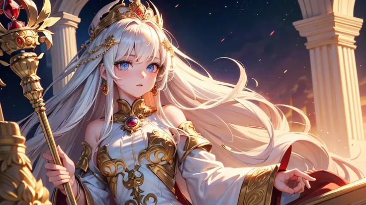 ((top quality, ultra-detailed,detailed eyes,hyper detailed,super fine illustration,Ultra-definite eyes, ))Blue eyes, long golden hair, white dress, red ornaments, beautiful, queen, empress, sacred, holding a short staff, crowned, queen,full body ,