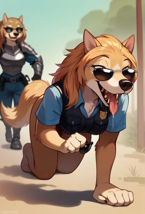 open mouth, accurate, long hair, breasts, wolf ears, tongue, smile, sunglasses, dark armoured police anthro vest, sniffling the ...