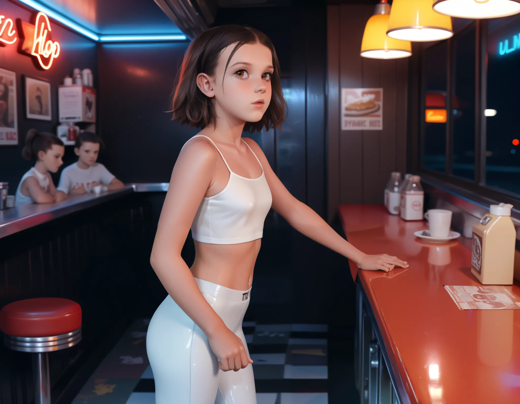 millie bobby brown, , revealing tight plain cotton skimpy crop-top and tight shiny leggings, trainers, standing in a diner at ni...