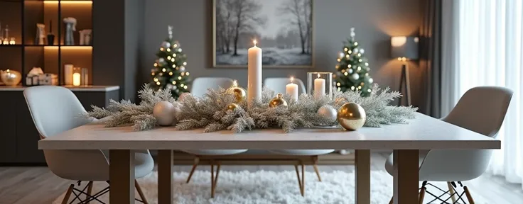 Create a modern and sleek living room featuring a snow-dusted garland placed elegantly on a minimalist dining table. The garland should be complemented by metallic accents in silver or gold, and the room should have contemporary furniture with clean lines ...