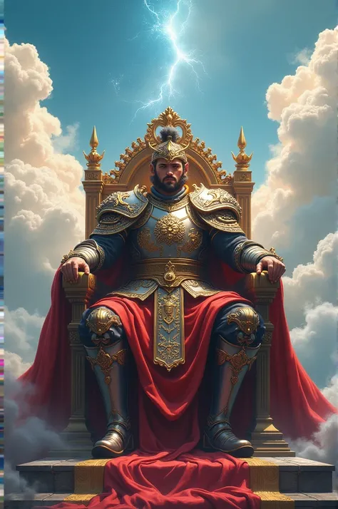 A depiction of a royal figure dressed in traditional warrior attire sitting on a majestic throne amidst the clouds. This is accompanied by a title that reads,