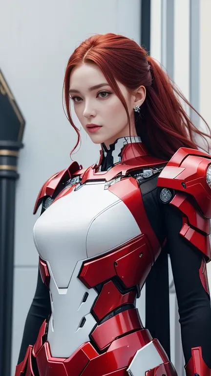 A hyper-realistic photograph of a red-haired , exuding Hollywood-quality elegance. She wears a stunning Iron Man-inspired exoskeleton armor embellished with crystals, blending biomorphic design and mecha accents. Her suit is fully functional and crafted wi...