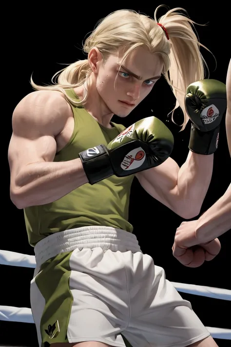  English boy with long blond hair tied in a ponytail, olive green eyes, boxing training