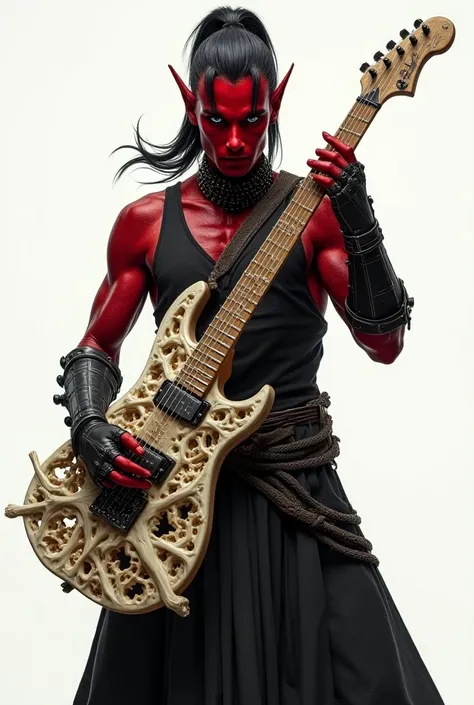 Tiefling D&D male, red skin, short black hair, a ponitail,blue eyes, frontal horns, leather armor from the neck to the feets, fullbody, without background, playing a guitar made of bone, epic pose

