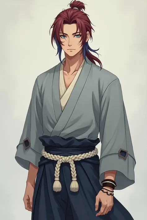   20 year old young man standing 、 medium length dark blond hair、 medium length beard 、 blue eyes、Grey kimono、 Bracelets、Prayer beads（Right Arm）、 simple gray pants 、 thick white rope like belt （すねに結ぶ）、 simple slippers tied to the shin   ,Red Hair, ponytail...