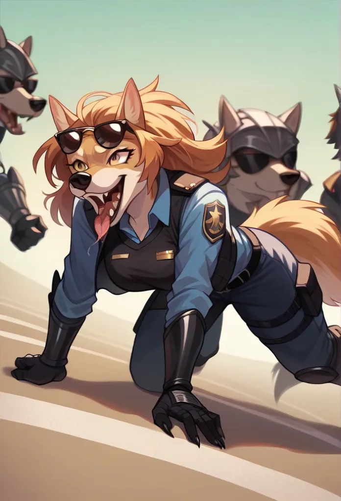 open mouth, accurate, long hair, breasts, wolf ears, tongue, smile, sunglasses, dark armoured police anthro vest, sniffling the ...