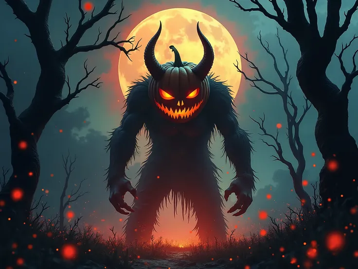 halloween， a terrifying pumpkin monster ,  demon horns ,  Legs crunched by countless rays ,  naked twisted trees , colorful confetti ,  obsessing , Knit intricate patterns with colored nebulas，Dark, moody, horror,Dark fantasy, dramatic lighting , vibrant c...