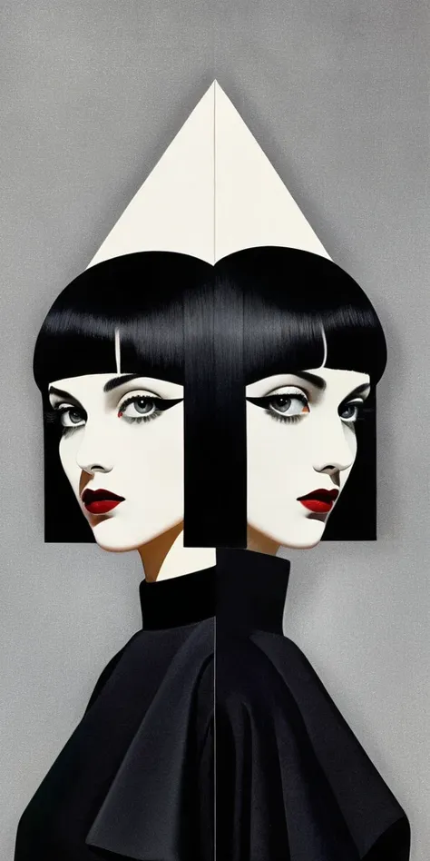 a highly detailed, minimalist, multi-layered collage in the style of dadaist artist Man Ray, standing, strange shapes, geometry, featuring an irregularly cropped photograph of a girl with long black hair wearing black clothes, symmetrically mirrored with a...