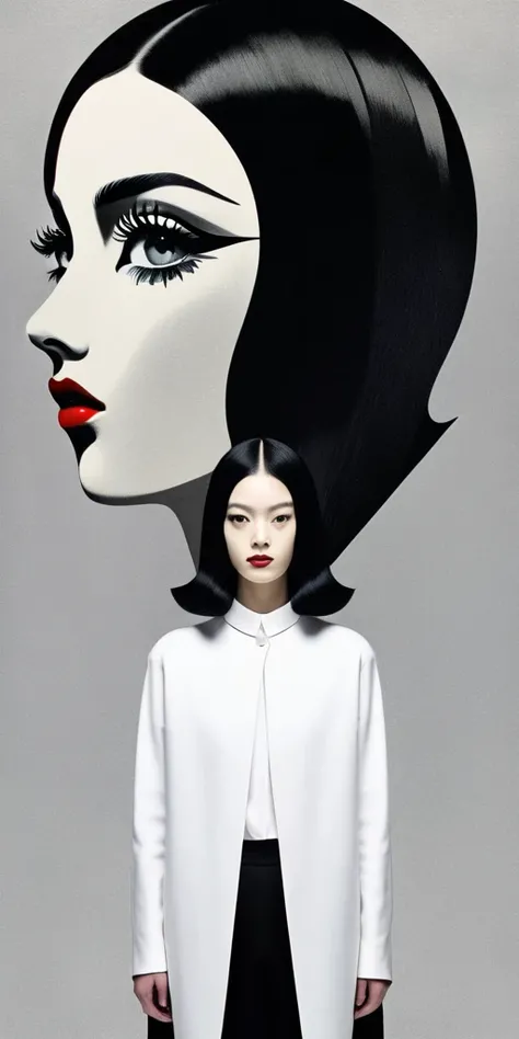 a highly detailed, minimalist, multi-layered collage in the style of dadaist artist Man Ray, standing, strange shapes, geometry, featuring an irregularly cropped photograph of a girl with long black hair wearing black clothes, symmetrically mirrored with a...