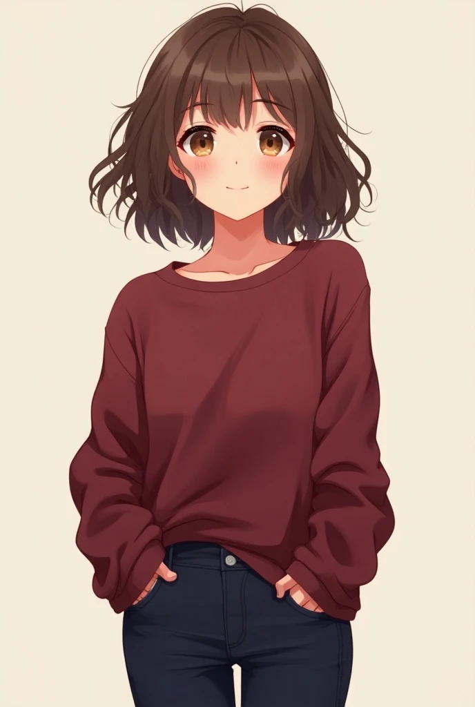 An 18-year-old girl,  of light skin and short wavy brown hair , brown eyes with kind expression,  wears a loose wine-colored sweatshirt and has dark blue denim pants and wears white sneakers, Anime version