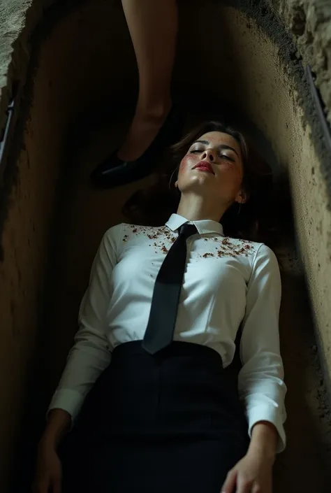  A dead woman dressed in a white shirt and tie and black skirt lies in a coffin at the bottom of a hole. On her face and shirt there are some worms . A woman tramples on the dead womans shirt with her high-heeled shoe.