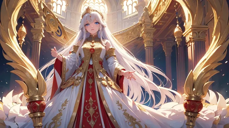 ((top quality, ultra-detailed,detailed eyes,hyper detailed,super fine illustration,Ultra-definite eyes, ))Illustration of blue eyes, long golden hair, white dress, red ornaments, beautiful, queen, empress, sacred, holding a short staff, crowned, queen, ful...