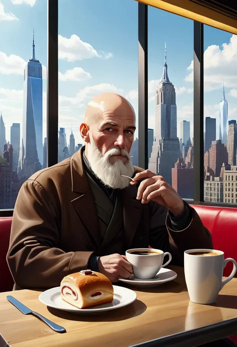  bald man with long white beard sitting in a cafe ,  he has coffee and a roll on a plate in front of him, Background New York skyline , UHD, realistic, Details