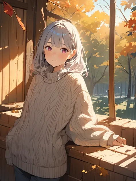  one girl playing pranks、 Thoughtful Expressions 、 pink eyes、Wavy Medium Hair 、Gray Hair、Cozy sweater、 Relaxed posture 、 growing skin 、A faint smile、 Cute Freckles Blake Golden Hour 、( soft focus):1.3、Warm shades、Long Shadows、  Shining Highlights 、 nostalg...