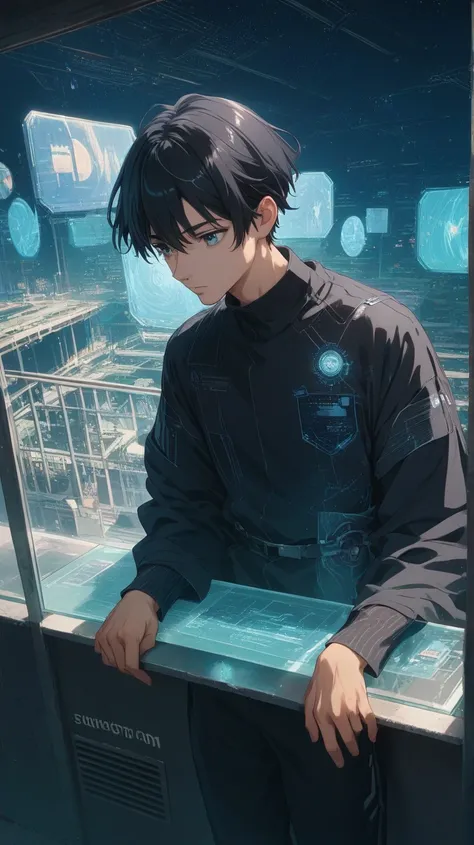 A cool anime boy with short, sleek black hair and a calm expression, dressed in a stylish black button-up shirt with silver buttons and subtle neon accents. He’s leaning casually against a glass railing, gazing out over a bustling cosmic city filled with s...