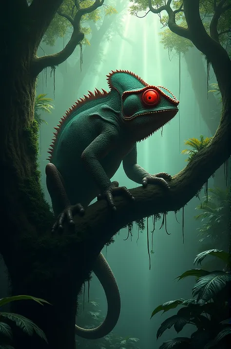 A dense, dark jungle with shadows and tall trees. In the center, a large chameleon with piercing red eyes sits on a tree branch. The atmosphere is eerie and mysterious.*
