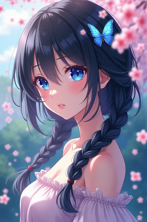 Anime girl long black hair attachés en couettes blue eyes cherry blossom blue butterfly in her hair