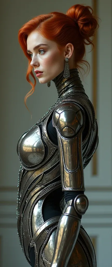 A hyper-realistic photograph of a red-haired , exuding Hollywood-quality elegance. She wears a stunning Iron Man-inspired exoskeleton armor embellished with crystals, blending biomorphic design and mecha accents. Her suit is fully functional and crafted wi...