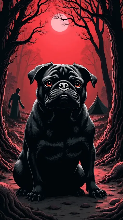 Black pug, comics, black and red monochrome, horror, forest, monsters, dark, tent, full moon