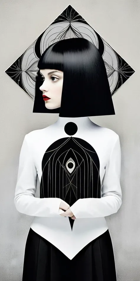 a highly detailed, minimalist, multi-layered collage, dadaist artist Man Ray style, standing, strange shapes, geometry, irregularly cropped photograph girl long black hair black clothes, symmetrically mirrored girl short white hair white clothes, gray empt...