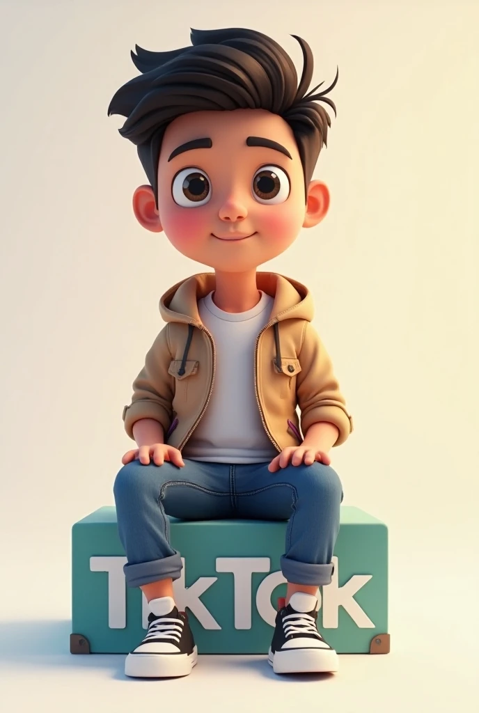 Create a 3D illustration of an animated character 18 Years sittingcausly on top of a social media logo TikTok The character must wear casually modern clothing such us jeans jaket and sneakers shoes the background of the image is a social media profile page...