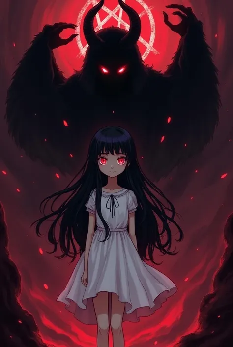 dark, stylized illustration features a young teenager girl with long black hair and glowing red eyes, wearing a white frock. Behind her, a menacing demon figure with red eyes and pointed ears looms, set against a backdrop of swirling red and purple hues, a...